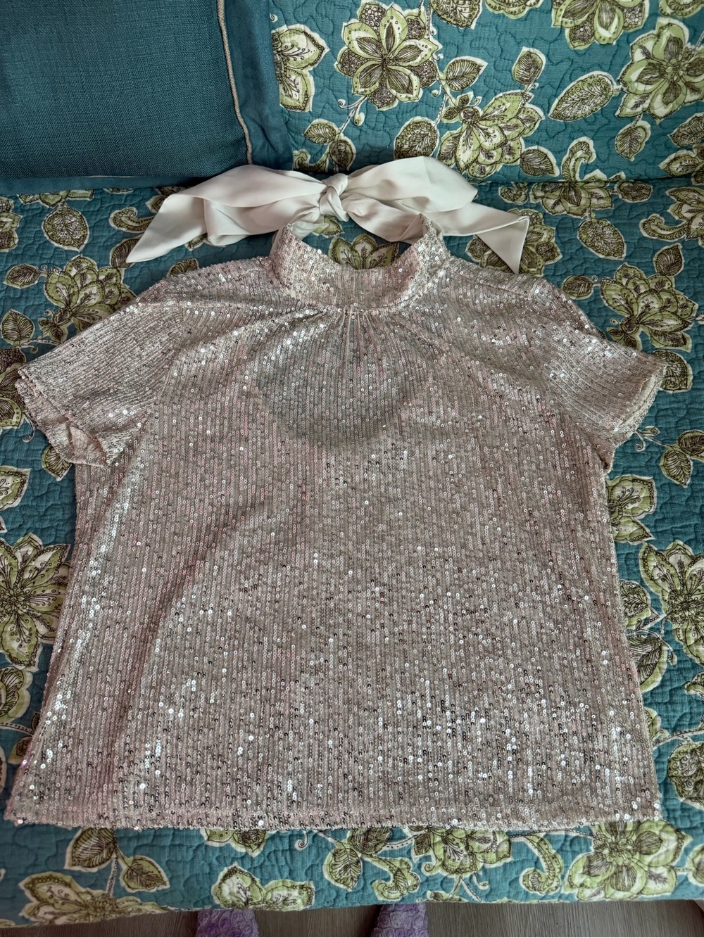 CeCe Blush Pink Sequin Mock Neck Short Sleeve Top